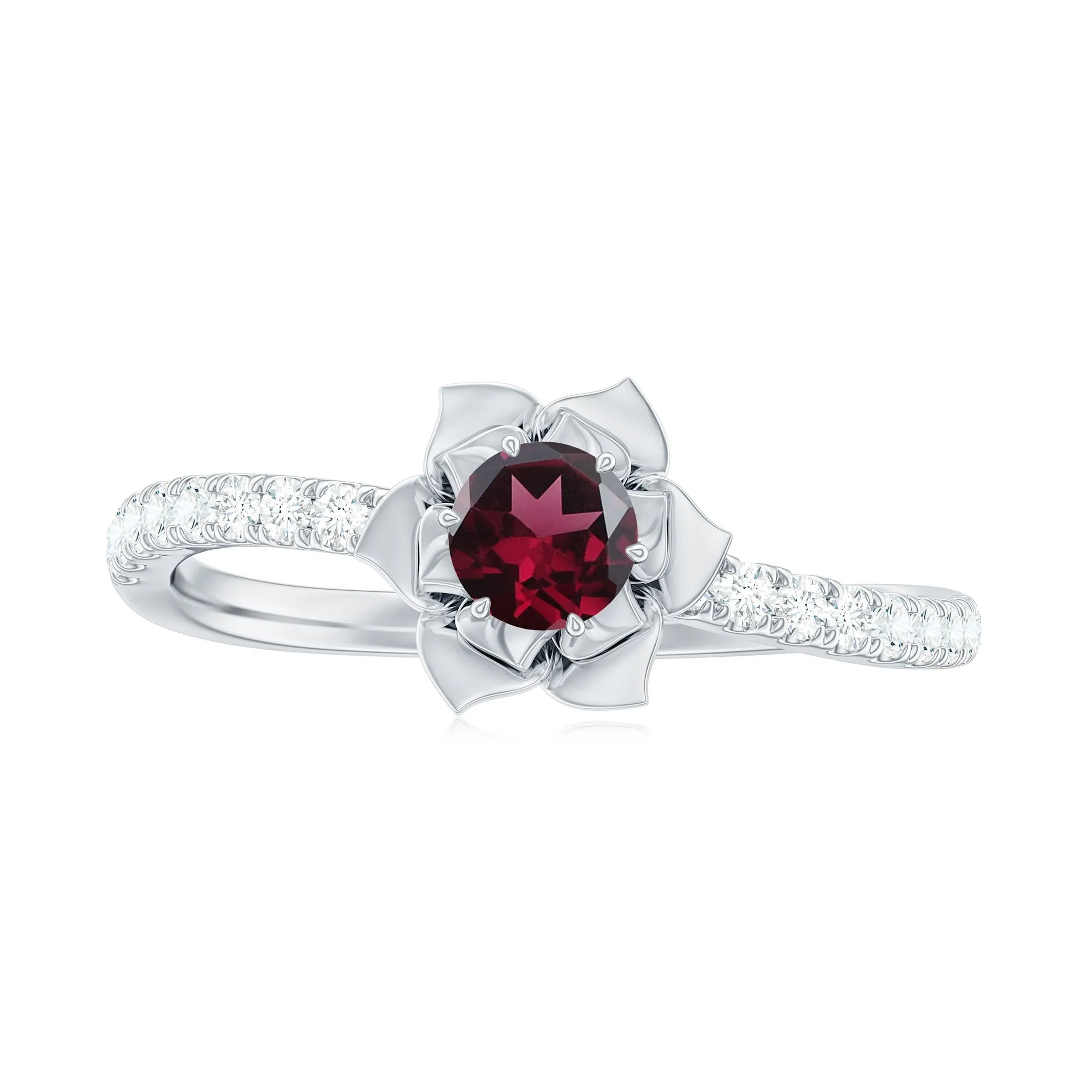 0.50 CT Real Rhodolite Floral Engagement Ring with Diamond Side Stones