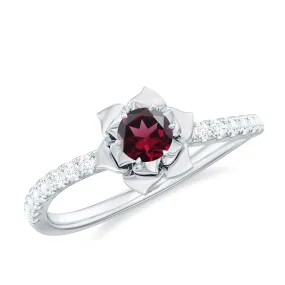 0.50 CT Real Rhodolite Floral Engagement Ring with Diamond Side Stones