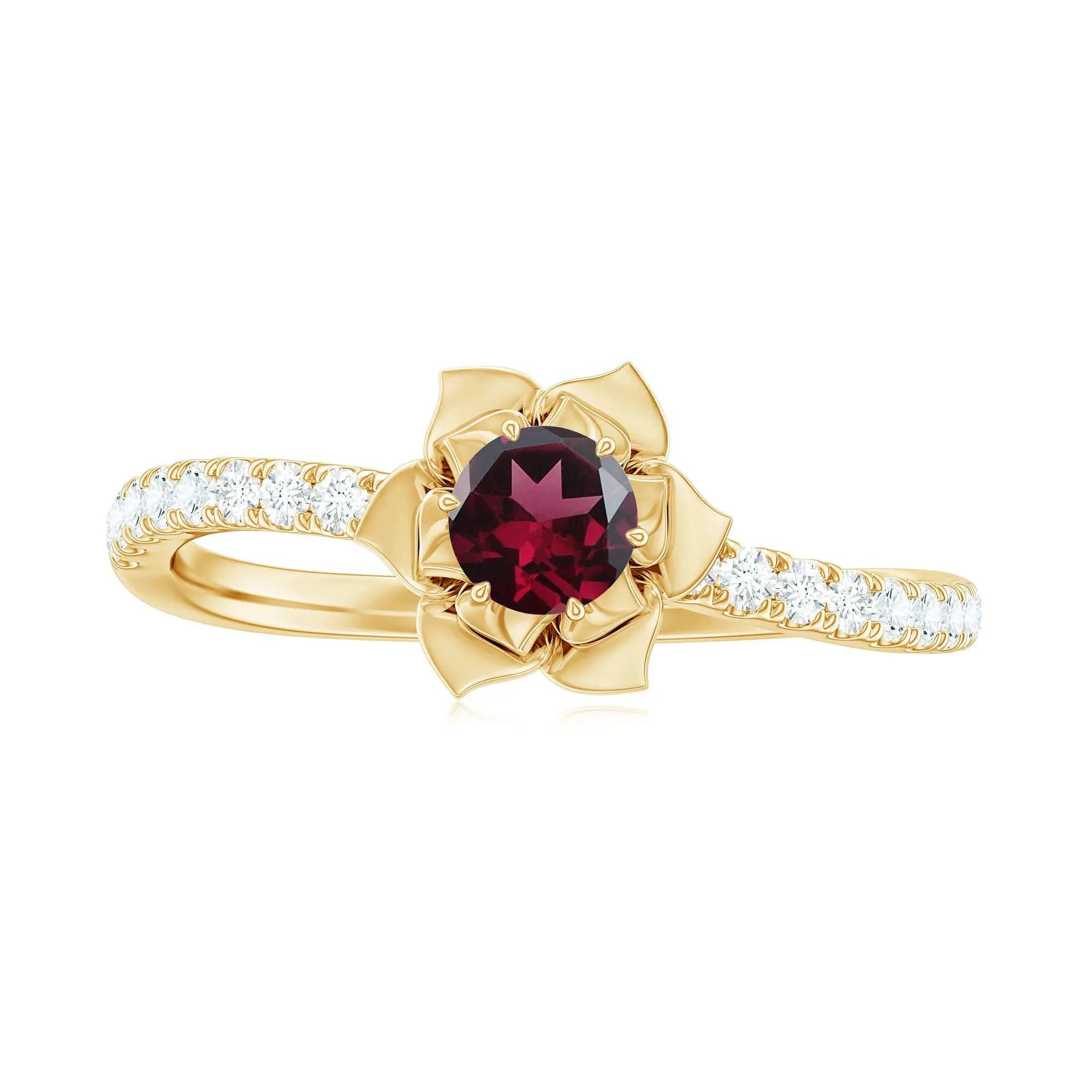 0.50 CT Real Rhodolite Floral Engagement Ring with Diamond Side Stones