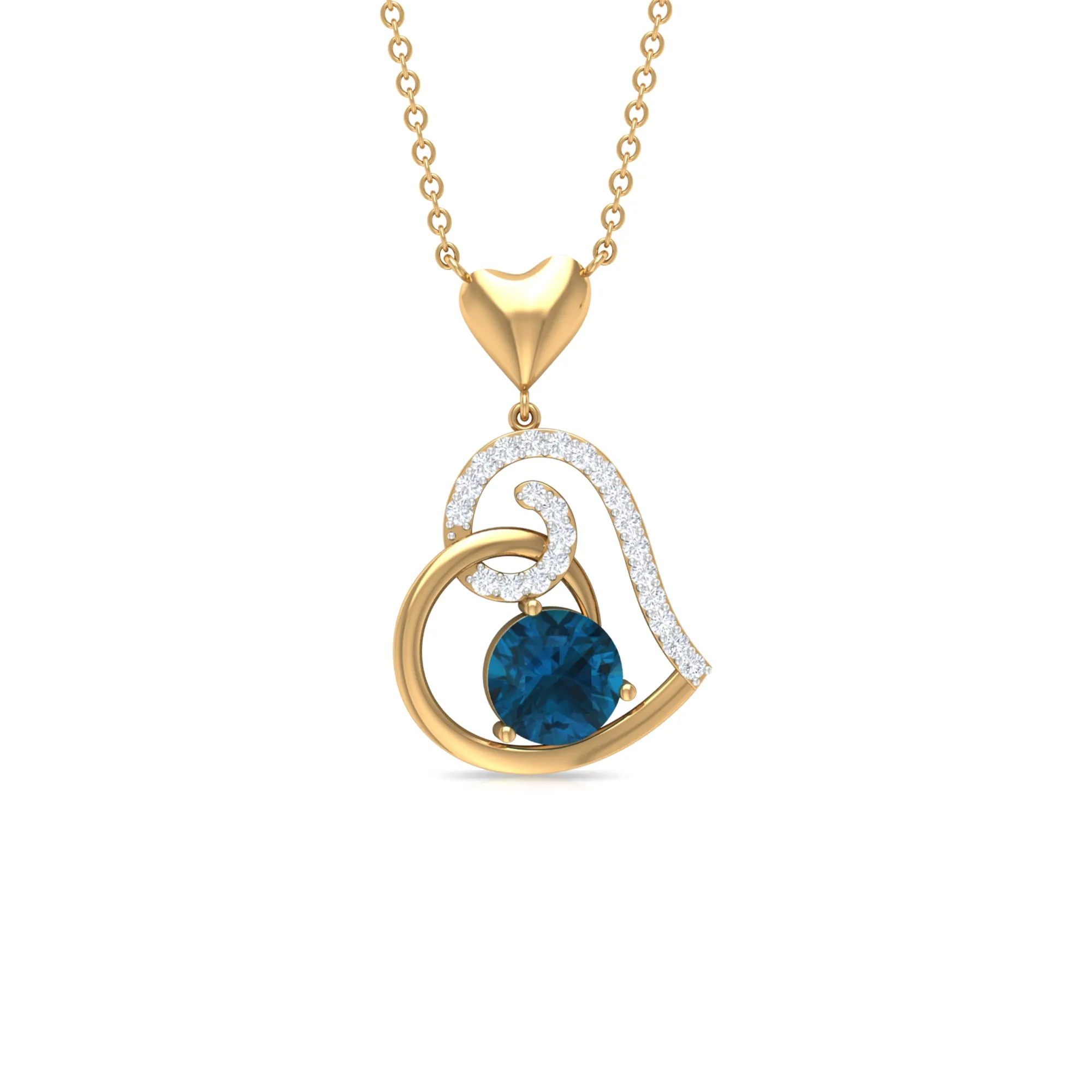 1 CT London Blue Topaz and Diamond Heart Drop Pendant