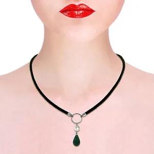 10.8 Carat 14K Solid White Gold Leather Necklace Pearl Emerald