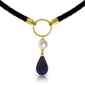 10.8 Carat 14K Solid Yellow Gold Leather Necklace Pearl Sapphire