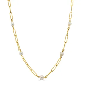 14K Gold & Pearl Station Paperclip Link Necklace