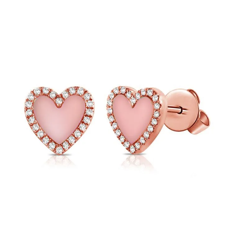 14K GOLD DIAMOND AND PINK OPAL HAILEY HEART STUDS