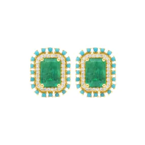 14K GOLD DIAMOND EMERALD AND TURQUOISE JULIE STUDS