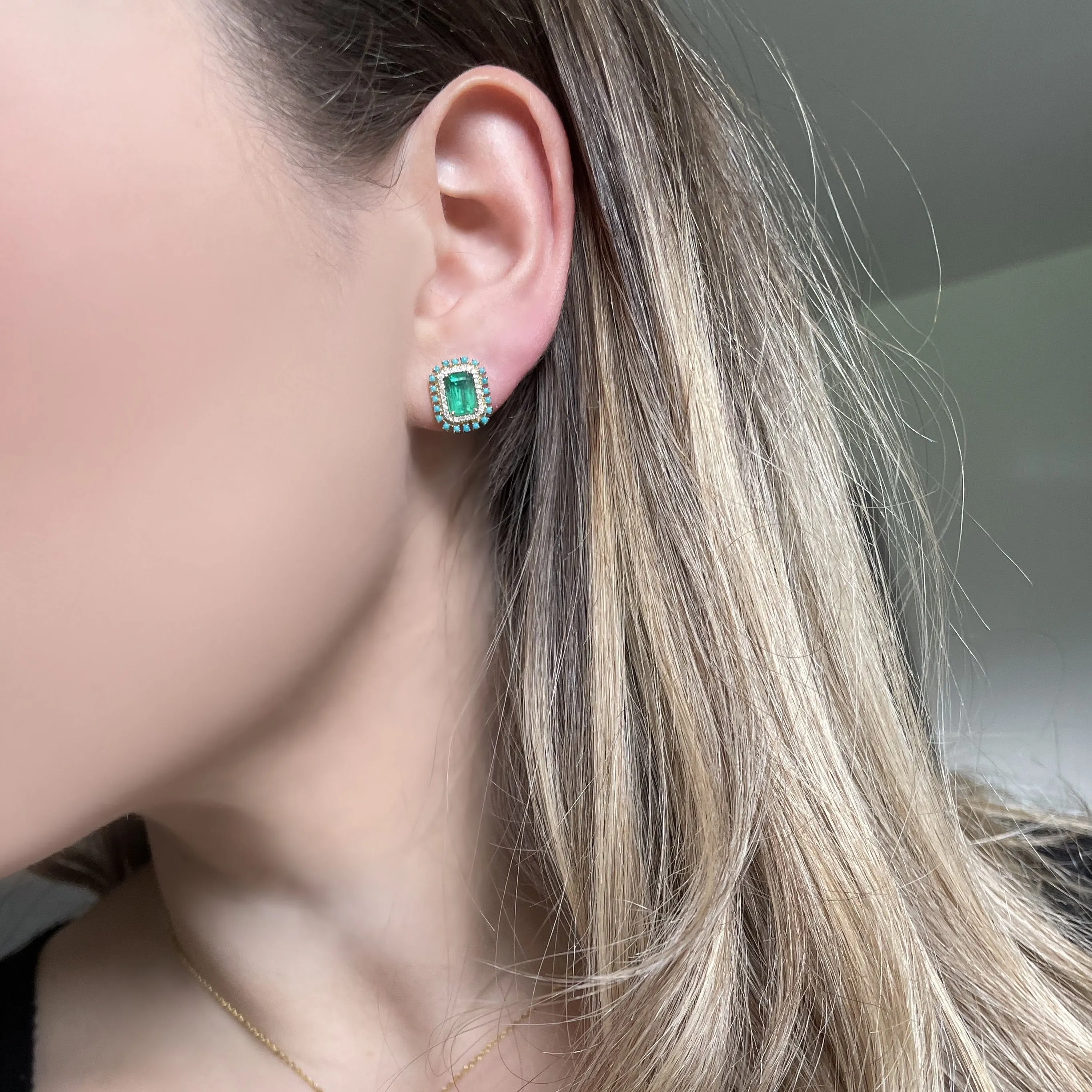 14K GOLD DIAMOND EMERALD AND TURQUOISE JULIE STUDS