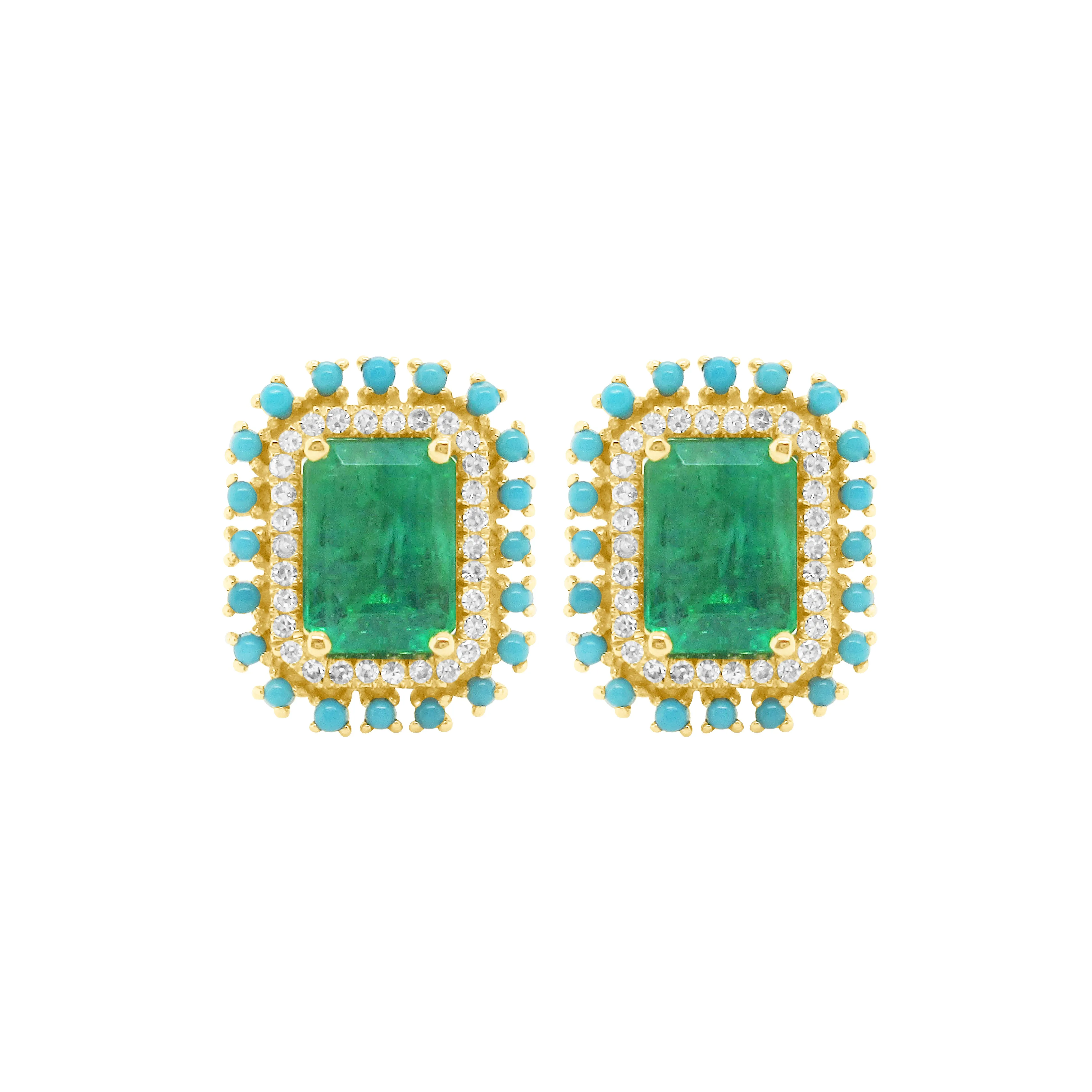 14K GOLD DIAMOND EMERALD AND TURQUOISE JULIE STUDS