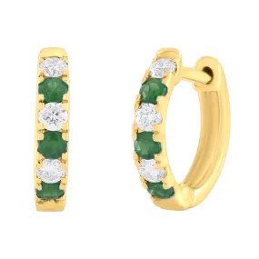 14K Gold Emerald & Diamond Alternating Huggie Earrings - 0.24ct