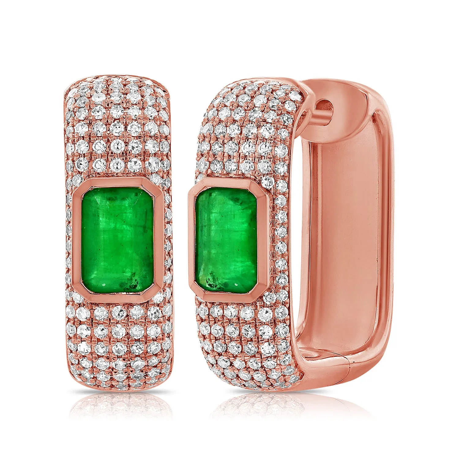 14K Gold Emerald & Diamond Huggie Earrings