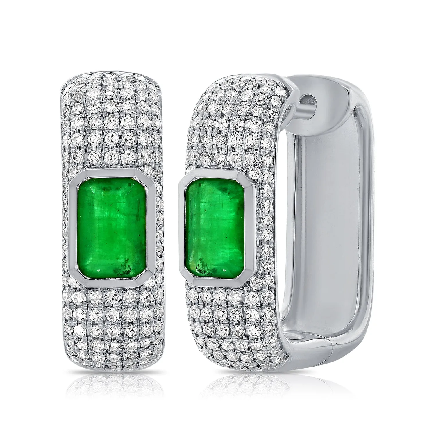 14K Gold Emerald & Diamond Huggie Earrings