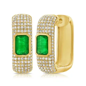 14K Gold Emerald & Diamond Huggie Earrings