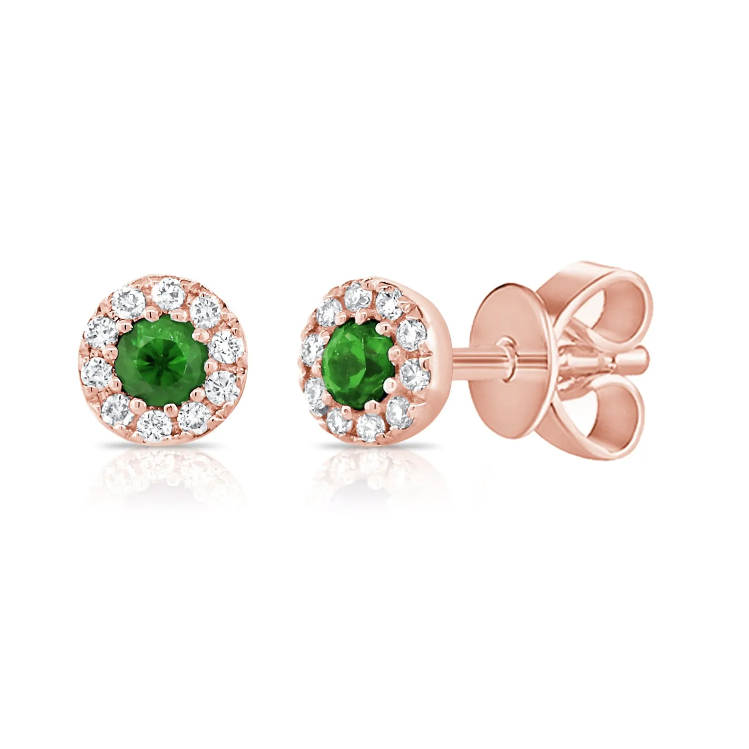 14k Gold Green Emerald & Diamond Round Stud Earrings