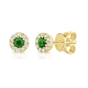 14k Gold Green Emerald & Diamond Round Stud Earrings