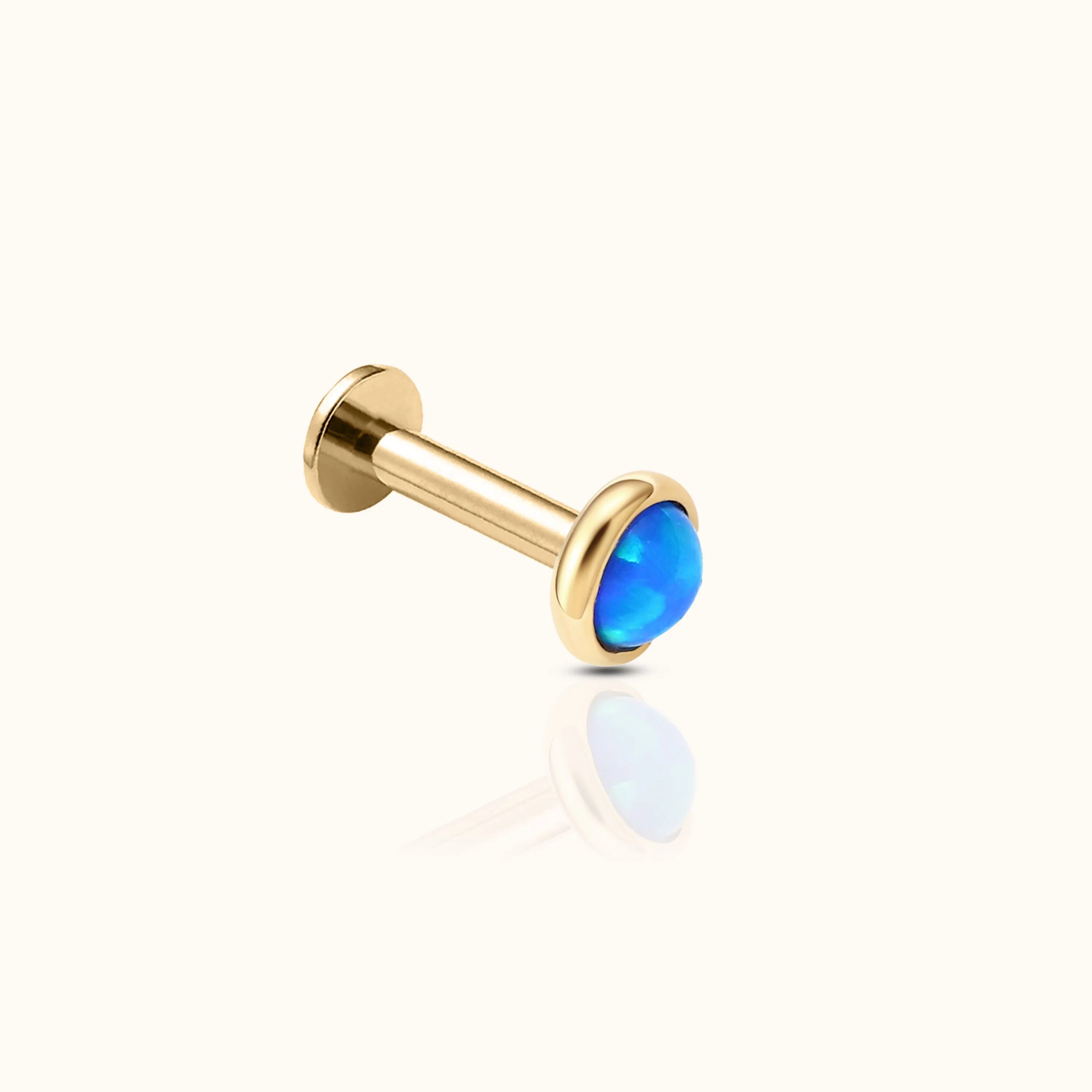 14K Solid Gold 3mm Ocean Blue Opal Bezel Set Threadless Labret Flat Back Earring