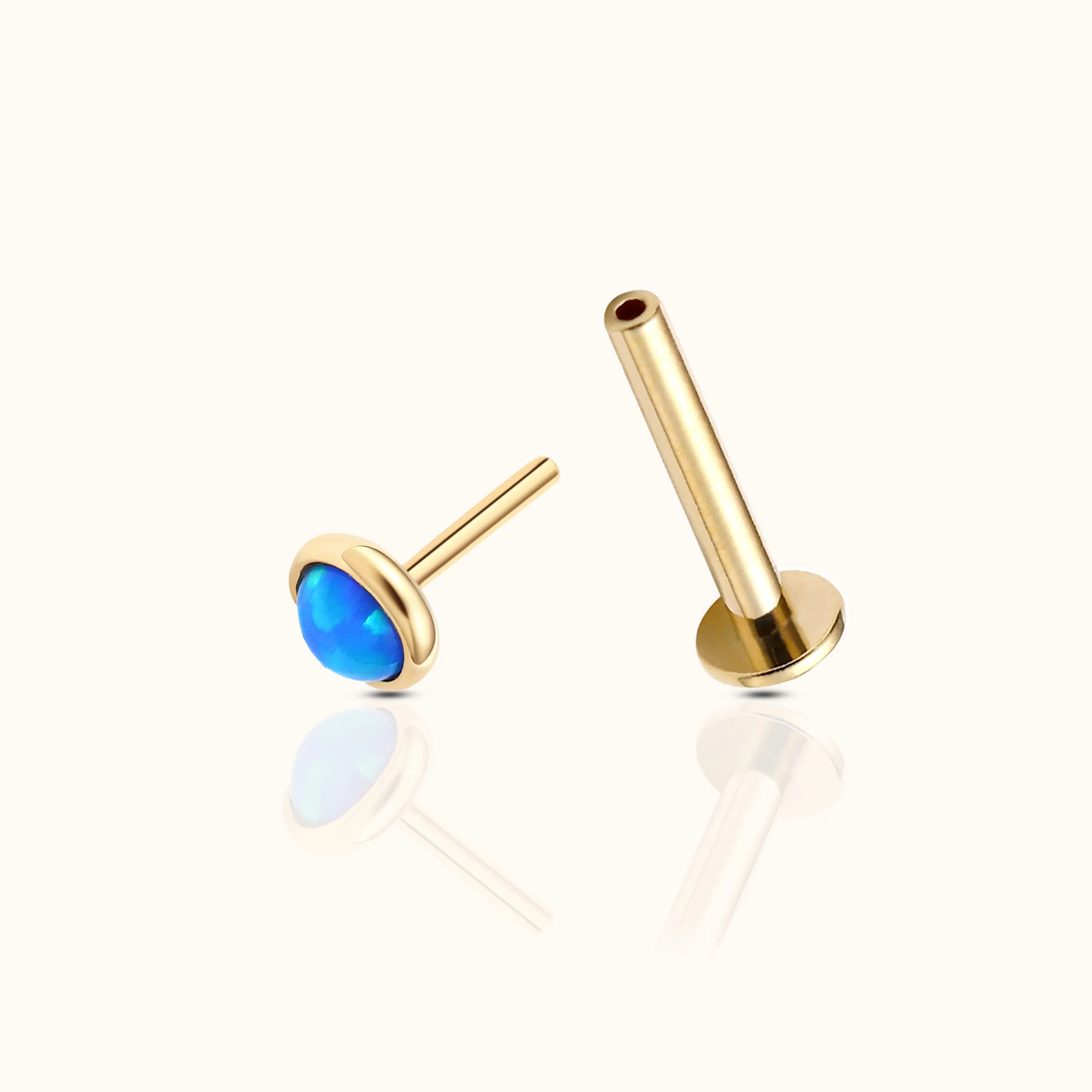 14K Solid Gold 3mm Ocean Blue Opal Bezel Set Threadless Labret Flat Back Earring