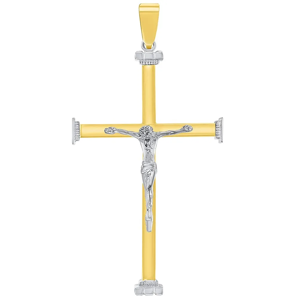 14k Solid Two-Tone Gold 3D Catholic Chrisitan Crucifix Cross Pendant With Cable, Curb or Figaro Chain Necklace