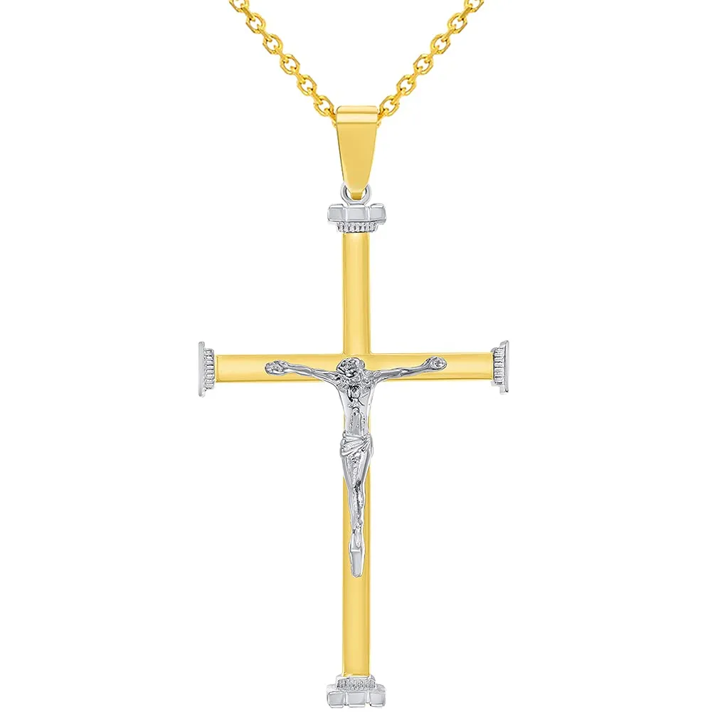 14k Solid Two-Tone Gold 3D Catholic Chrisitan Crucifix Cross Pendant With Cable, Curb or Figaro Chain Necklace