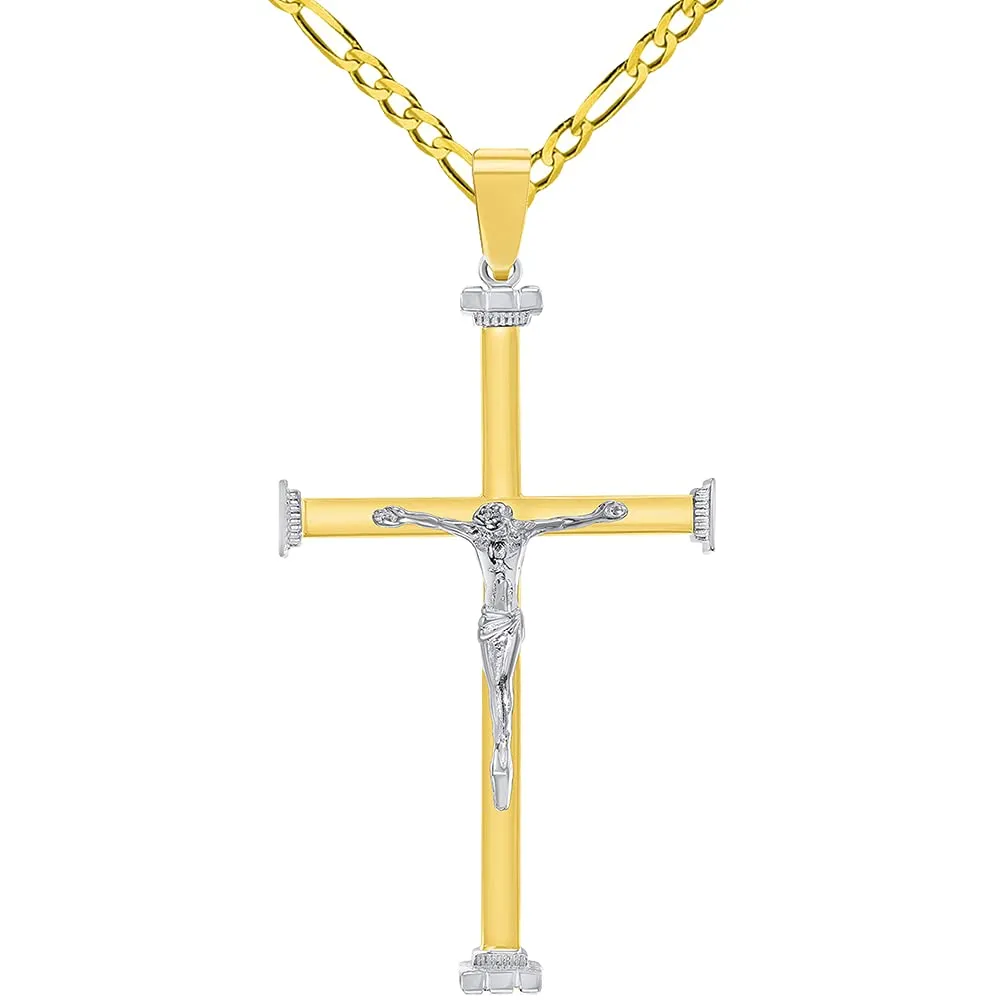 14k Solid Two-Tone Gold 3D Catholic Chrisitan Crucifix Cross Pendant With Cable, Curb or Figaro Chain Necklace