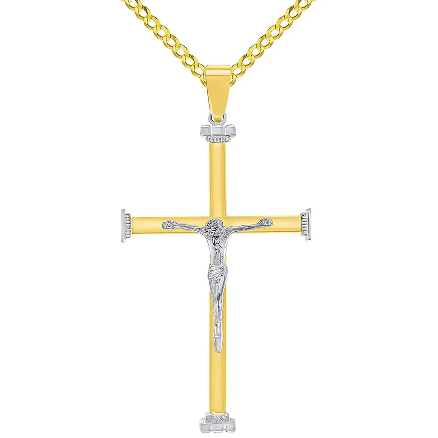 14k Solid Two-Tone Gold 3D Catholic Chrisitan Crucifix Cross Pendant With Cable, Curb or Figaro Chain Necklace