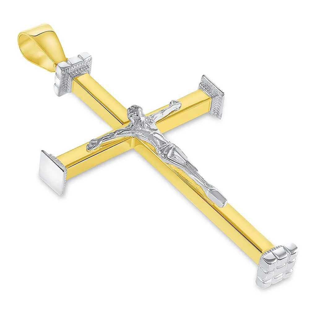 14k Solid Two-Tone Gold 3D Catholic Chrisitan Crucifix Cross Pendant With Cable, Curb or Figaro Chain Necklace