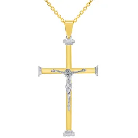 14k Solid Two-Tone Gold 3D Catholic Chrisitan Crucifix Cross Pendant With Cable, Curb or Figaro Chain Necklace