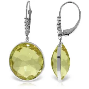 14K Solid White Gold Diamonds Leverback Earrings w/ Checkerboard Cut Lemon Quartz