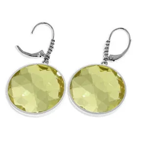 14K Solid White Gold Diamonds Leverback Earrings w/ Checkerboard Cut Lemon Quartz