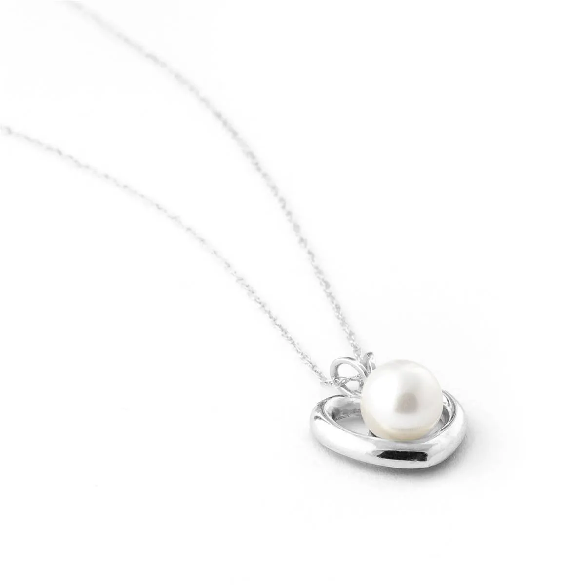 14K Solid White Gold Heart Necklace w/ Natural Pearl