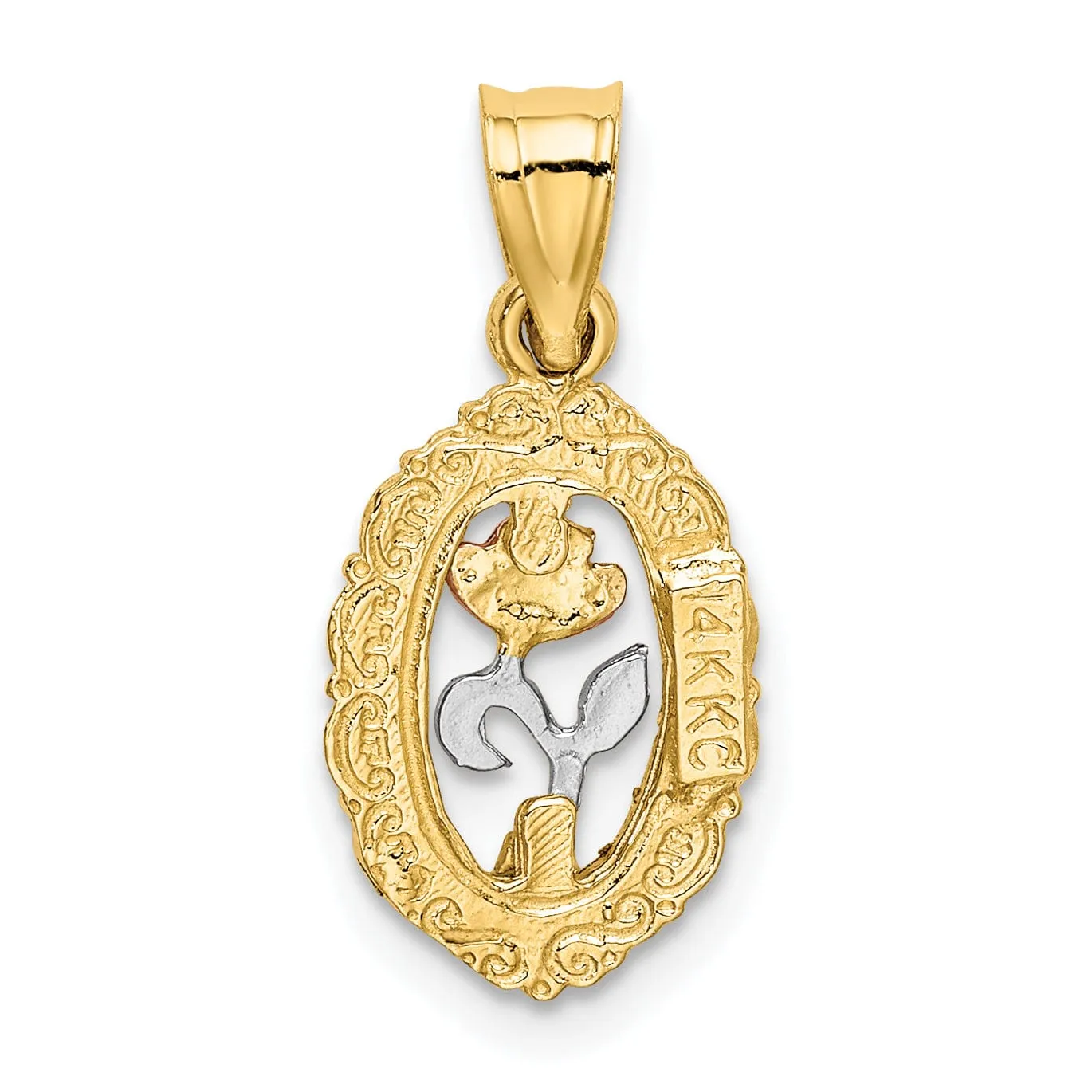 14K Tri-Color Gold with White Rhodium Rose Textured Back Solid Polished Finish In Oval Frame Charm Pendant