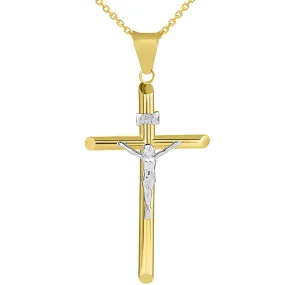 14k Two Tone Gold Cross INRI Crucifix Pendant Necklace