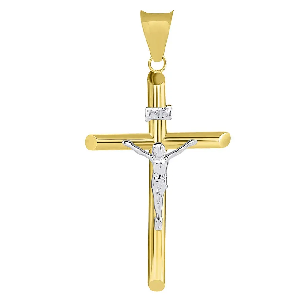 14k Two Tone Gold Cross INRI Crucifix Pendant Necklace