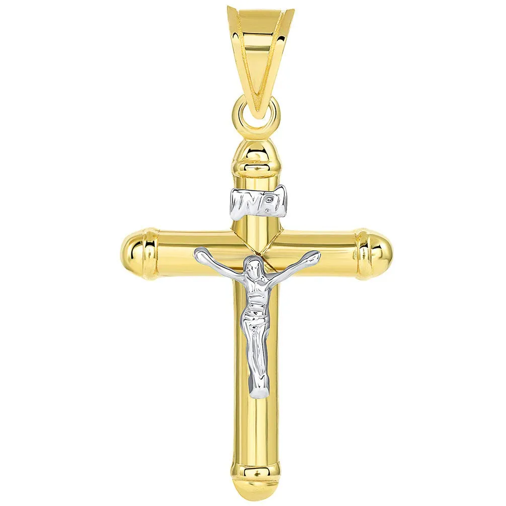 14k Two Tone Gold Rounded Edge Christian INRI Crucifix Tube Cross Pendant Necklace