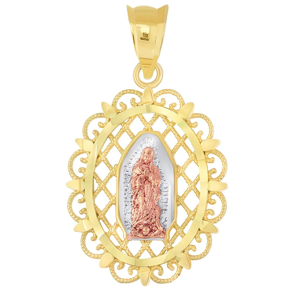 14k Yellow and Rose Gold Milgrain Ornate Our Lady of Guadalupe Charm Oval Pendant