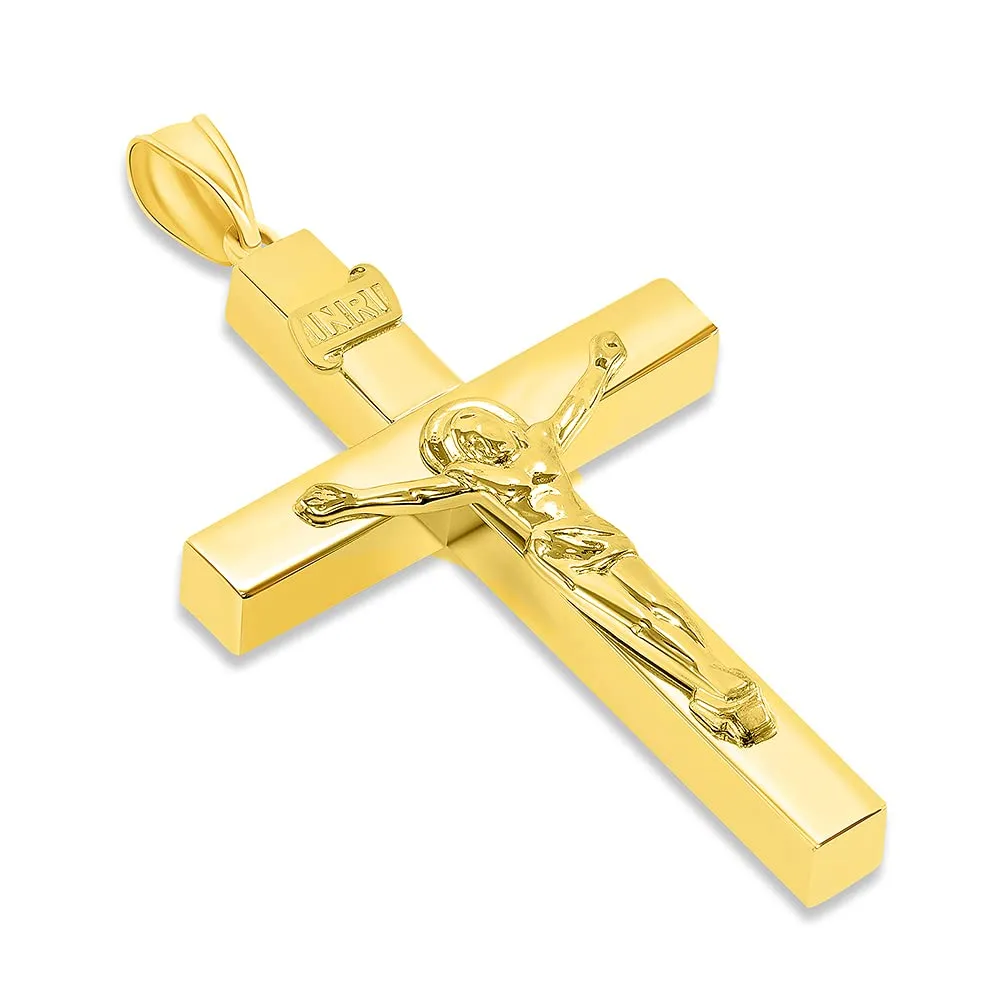 14k Yellow Gold 4mm Thick INRI Tubular Cross Roman Catholic Crucifix Pendant with Figaro Chain Necklace