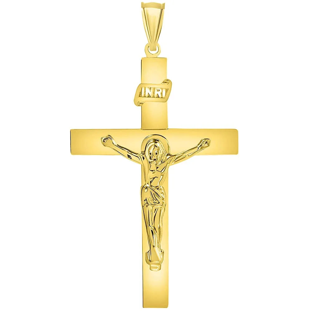 14k Yellow Gold 4mm Thick INRI Tubular Cross Roman Catholic Crucifix Pendant with Figaro Chain Necklace