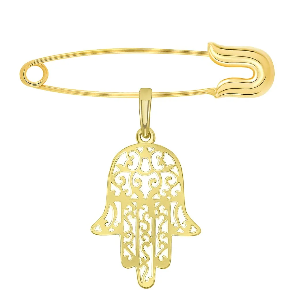 14k Yellow Gold Filigree Hamsa Hand of Fatima Charm Pendant with Safety Pin Brooch