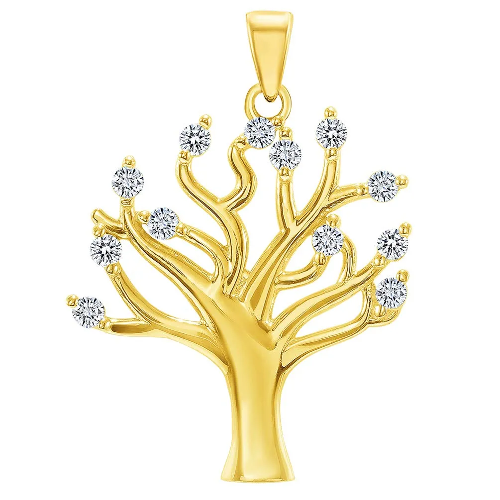 14k Yellow Gold High Polish Cubic-Zirconia Tree of Life Pendant with Figaro Chain Necklace