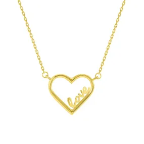 14k Yellow Gold Love Written Open Heart Necklace with Lobster Claw Clasp