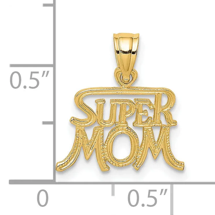 14k Yellow Gold Polished Textured Finish Script Design Super MOM Charm Pendant