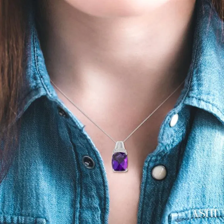 1/50 Ctw Looped Round Cut Diamond & 10x8 MM Cushion Shape Amethyst Semi Precious Pendant With Chain in Sterling Silver