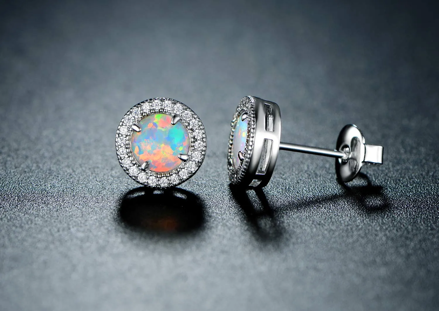 18K Gold Plated Opal Halo Stud Earrings