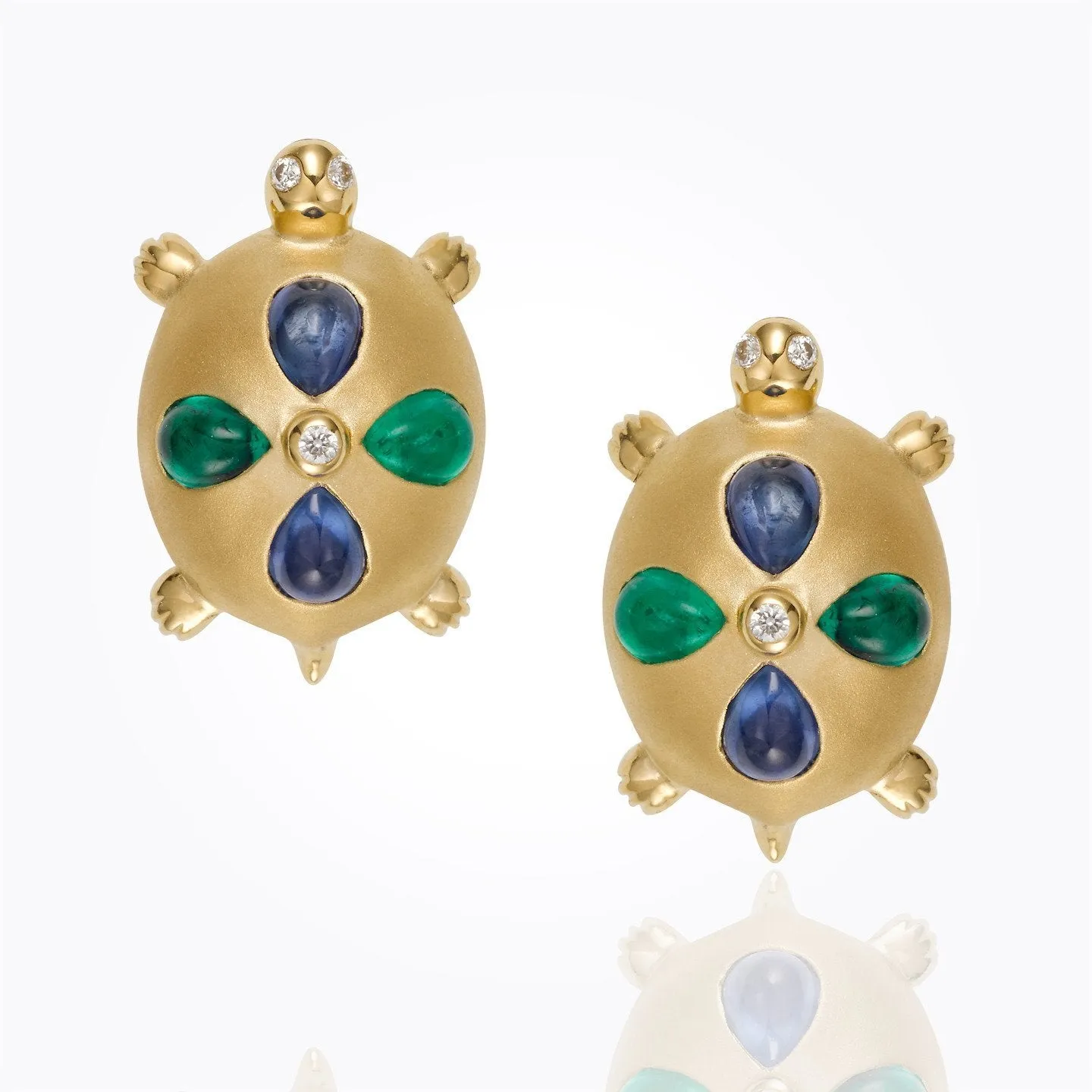 18K Turtle Earrings with blue sapphire, emerald and diamond