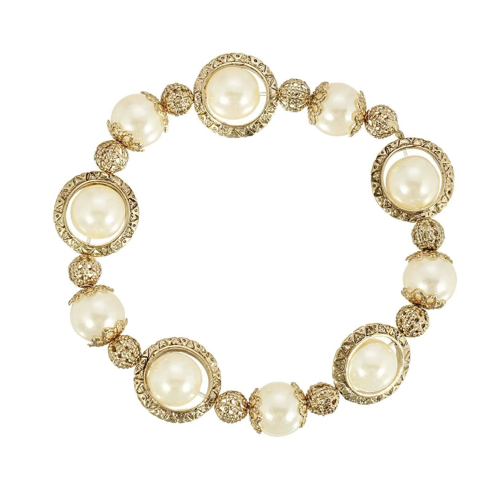 1928 Jewelry Faux Pearl Filigree Ball Stretch Bracelet