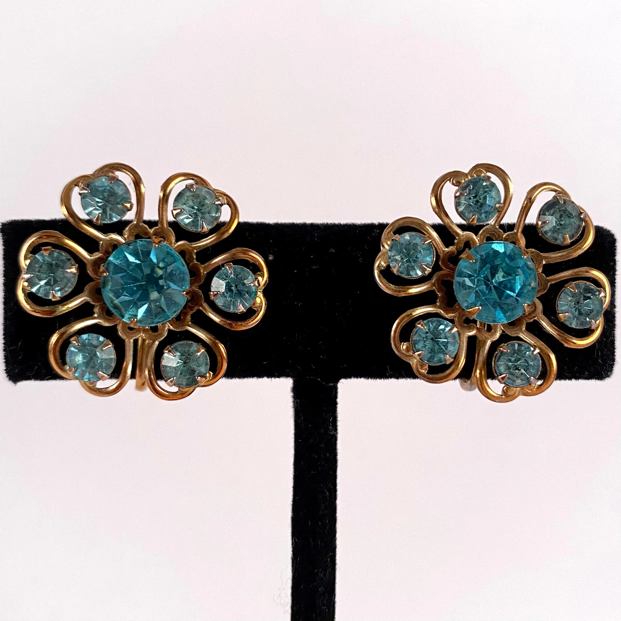 1950s Blue Rhinestone Flower Earrings