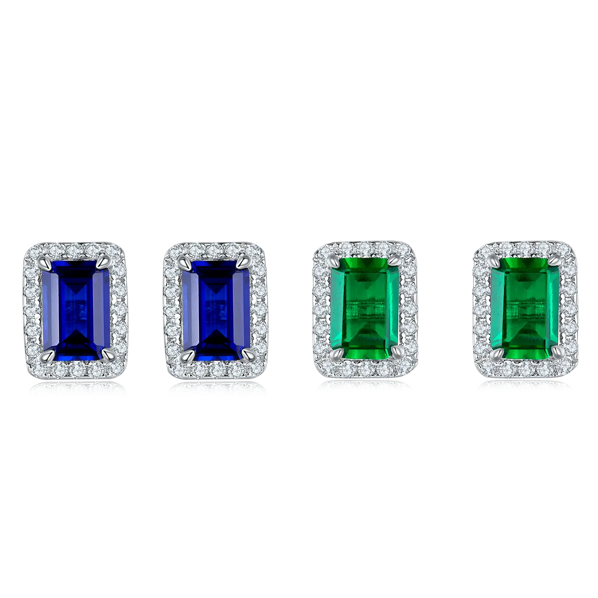 2.0 Carat Rectangular Lab-Created Colored Gemstone Halo Stud Earrings in S925 Silver-Plated Platinum