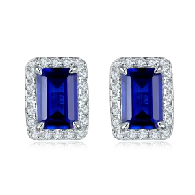 2.0 Carat Rectangular Lab-Created Colored Gemstone Halo Stud Earrings in S925 Silver-Plated Platinum