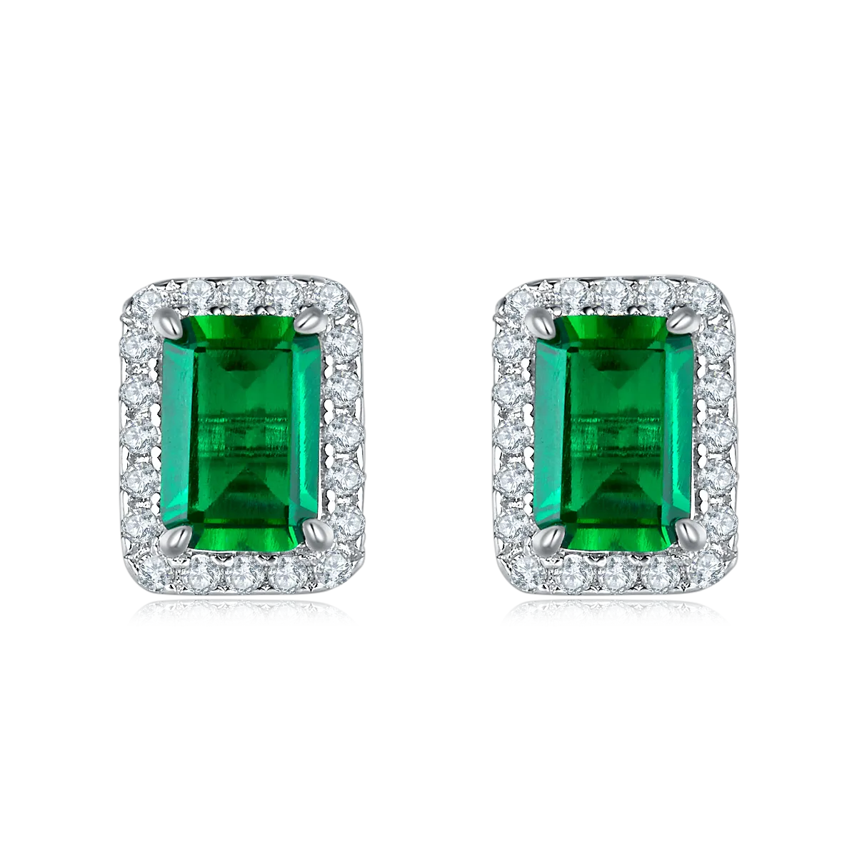 2.0 Carat Rectangular Lab-Created Colored Gemstone Halo Stud Earrings in S925 Silver-Plated Platinum