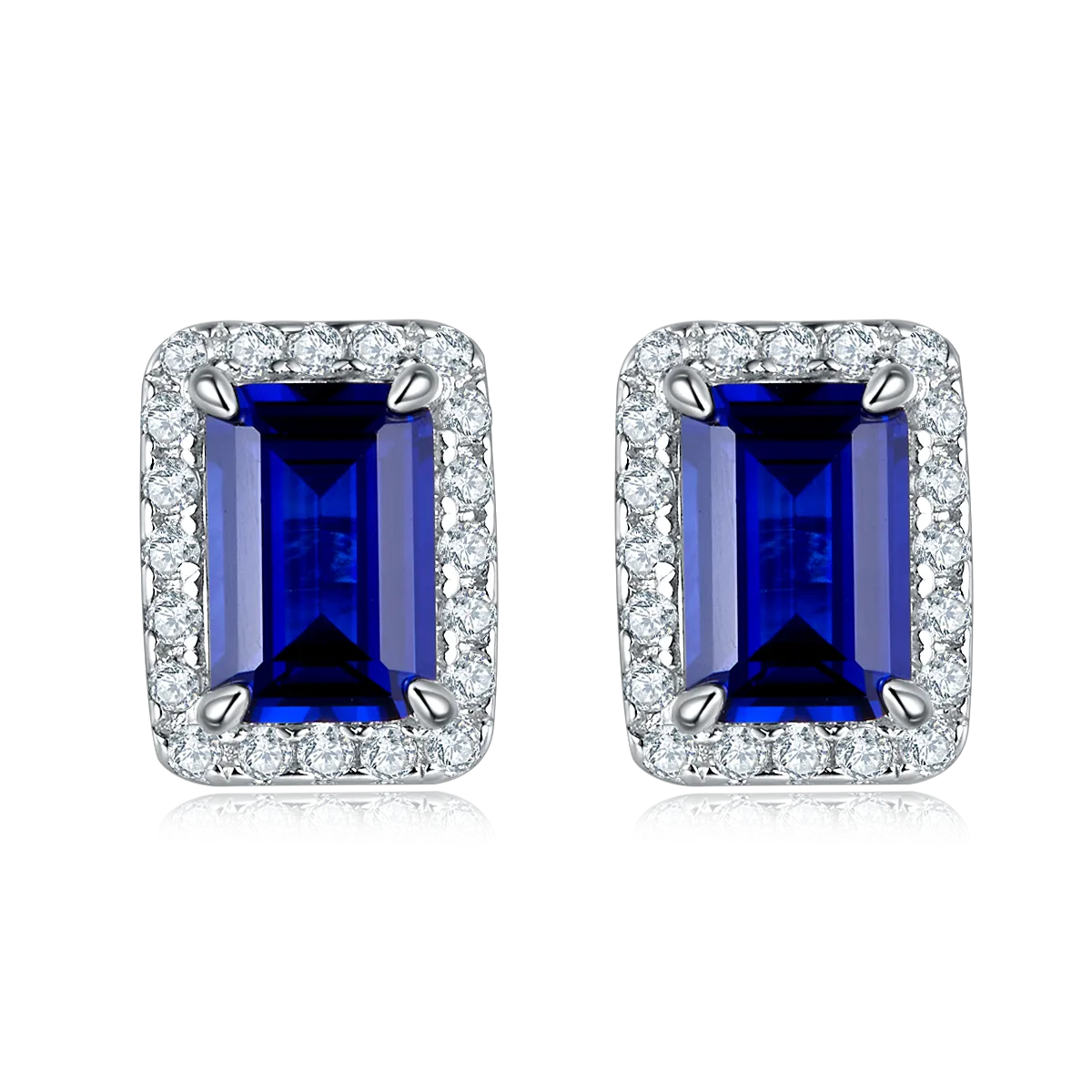 2.0 Carat Rectangular Lab-Created Colored Gemstone Halo Stud Earrings in S925 Silver-Plated Platinum