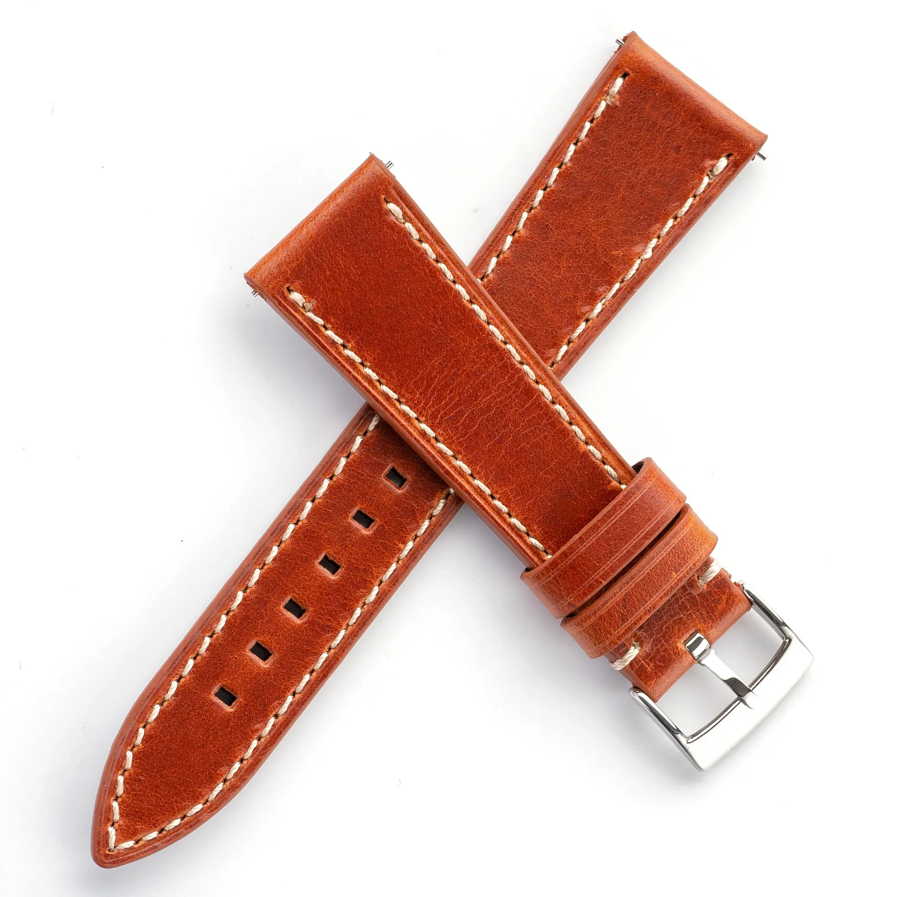 20mm 22mm Quick Release Handmade Leather Watch Strap - Orange Brown Full Stitch