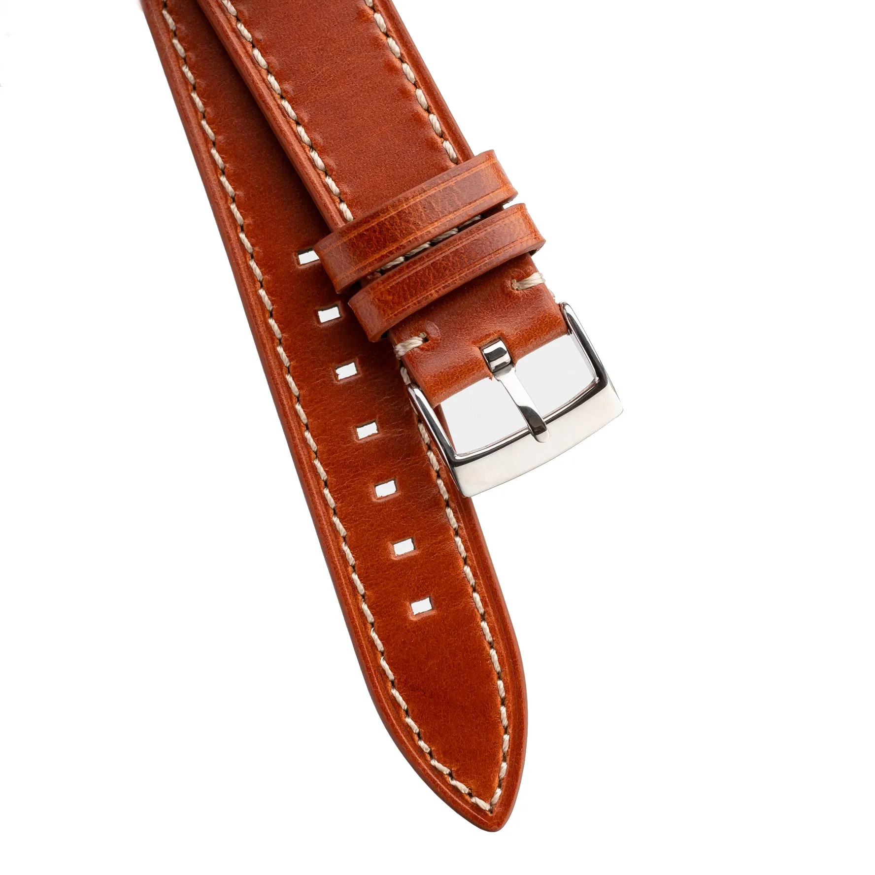 20mm 22mm Quick Release Handmade Leather Watch Strap - Orange Brown Full Stitch